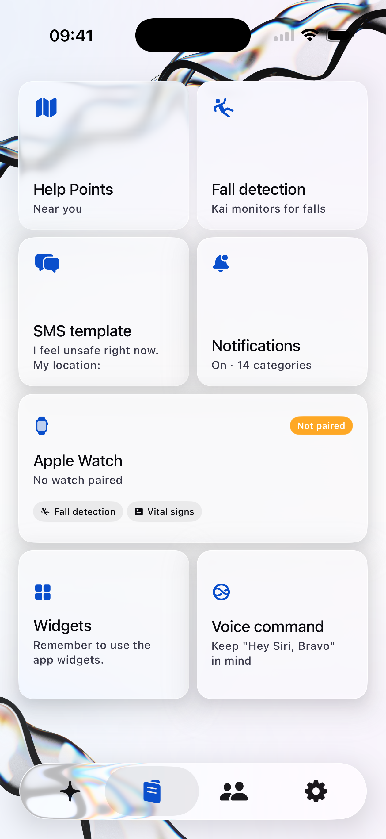 Kai feature menu showing Help Points, Fall Detection, SMS Template, Notifications, Apple Watch, Widgets, and Voice Command