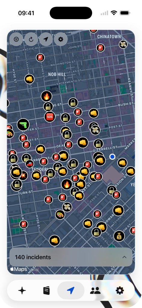 Live Crime Map iPhone screenshot showing real-time incident pins on a city map