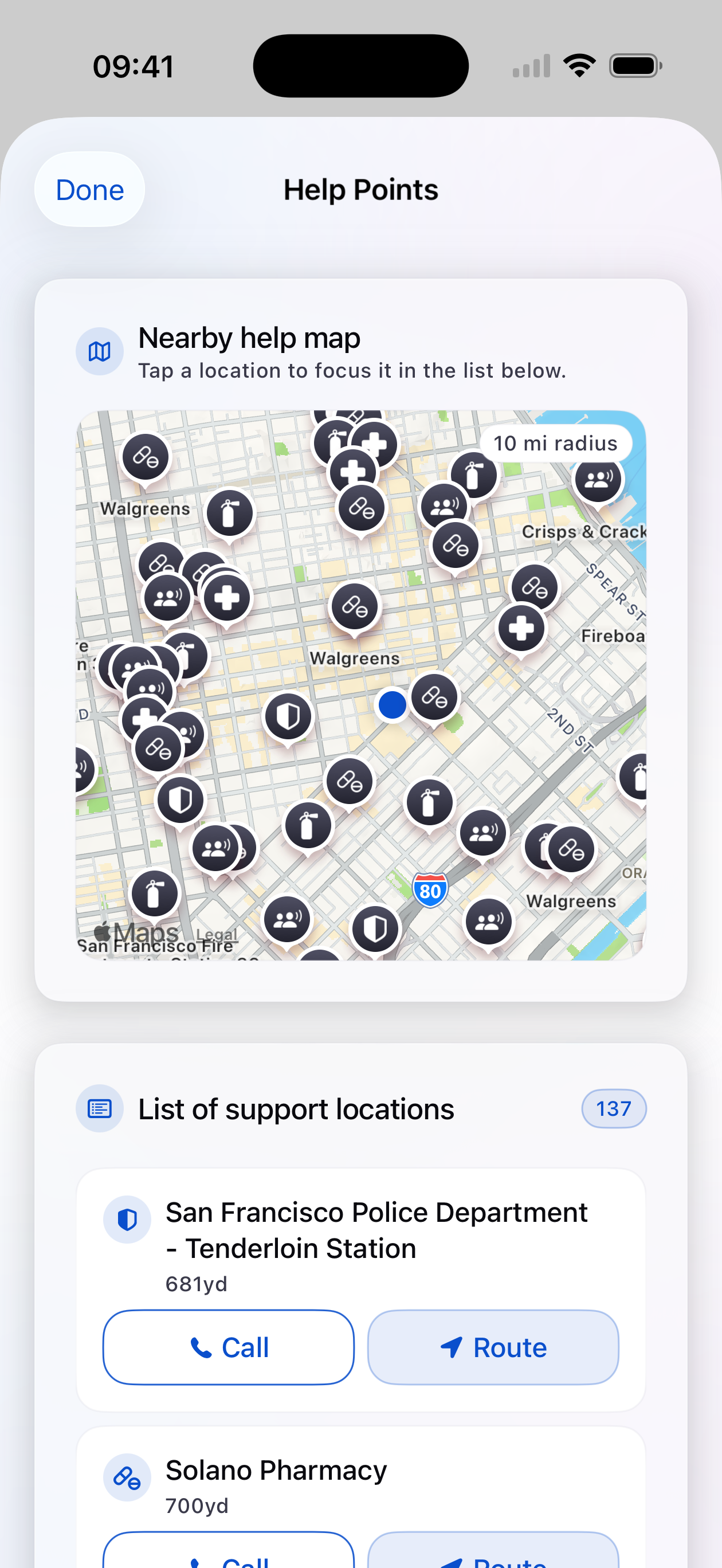 Kai Help Points map showing nearby police, pharmacies, and support locations